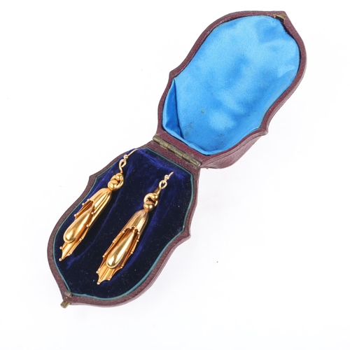 1105 - A pair of Antique Victorian 21ct gold Etruscan Revival drop earrings, circa 1880, each designed with... 