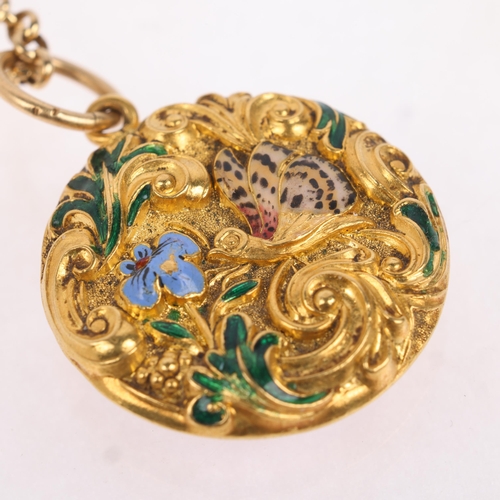 1107 - An Antique Art Nouveau Victorian 15ct gold enamel locket pendant necklace, circa 1900, relief emboss... 