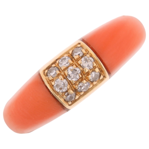 1112 - A 14ct gold coral and diamond bombe ring, set with single-cut diamonds, setting height 6mm, size J, ... 