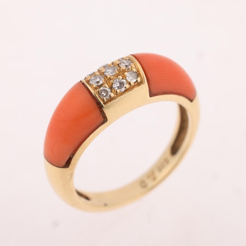 1112 - A 14ct gold coral and diamond bombe ring, set with single-cut diamonds, setting height 6mm, size J, ... 