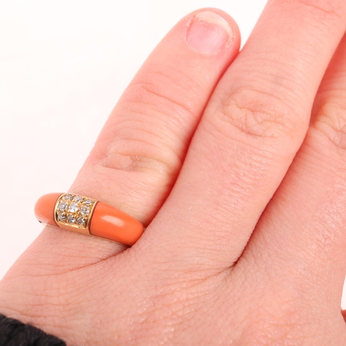 1112 - A 14ct gold coral and diamond bombe ring, set with single-cut diamonds, setting height 6mm, size J, ... 