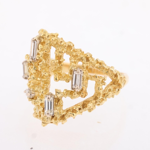 1116 - A 1970s 18ct gold diamond brutalist dress ring, of pyramid design with openwork naturalistic texture... 