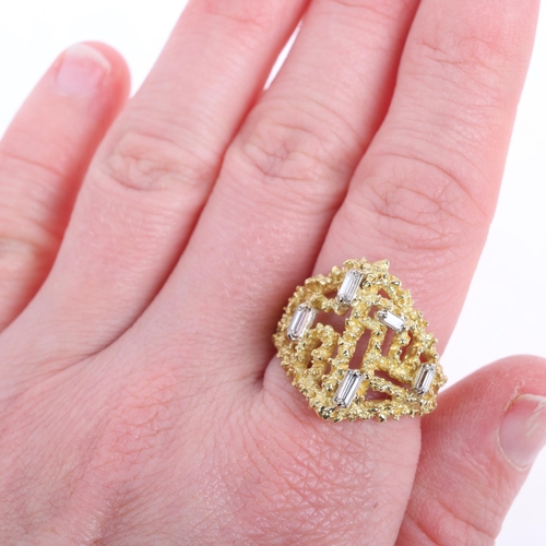 1116 - A 1970s 18ct gold diamond brutalist dress ring, of pyramid design with openwork naturalistic texture... 