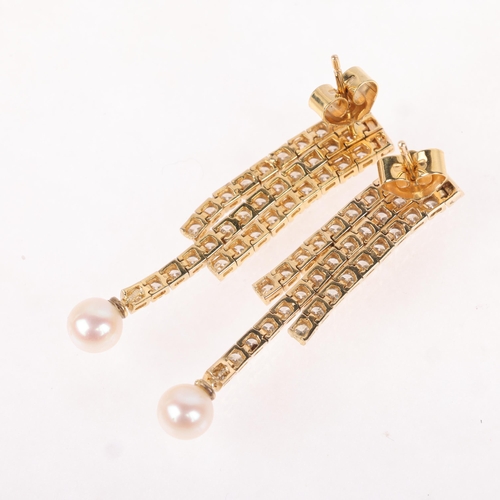 1117 - A pair of 9ct gold pearl and diamond tassel stud earrings, each set with 3 rows of modern round bril... 