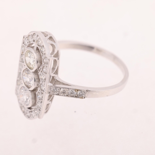 1119 - An Art Deco style platinum diamond plaque ring, rub-over and millegrain set with round brilliant-cut... 