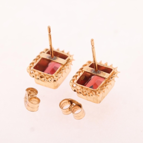 1120 - A pair of 9ct gold pink tourmaline stud earrings, each rub-over set with octagonal step-cut tourmali... 