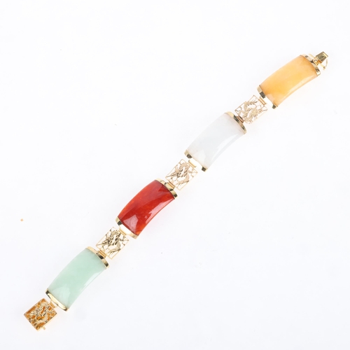 1135 - A Chinese 14ct gold jade 'Dragon' panel bracelet, maker WW, import hallmarks Birmingham 1998, set wi... 