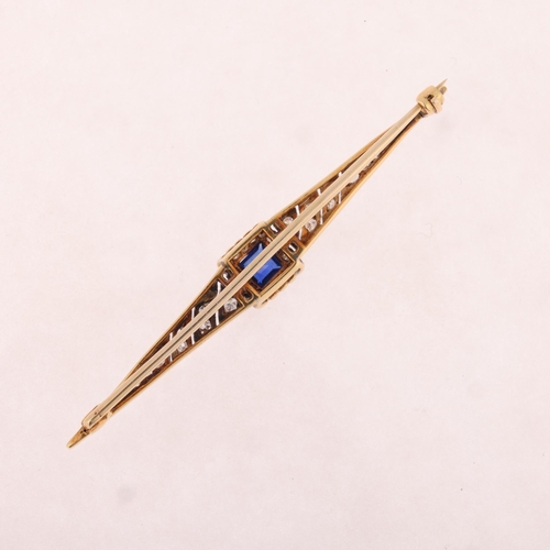 1136 - A 14ct gold sapphire and diamond bar brooch, millegrain set with calibre-cut sapphire surrounded by ... 