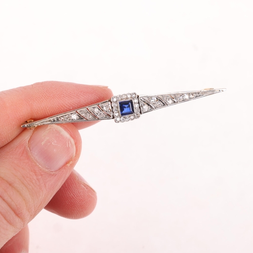 1136 - A 14ct gold sapphire and diamond bar brooch, millegrain set with calibre-cut sapphire surrounded by ... 