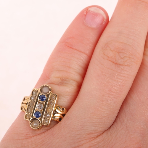 1137 - An Antique 18ct gold sapphire pearl and diamond plaque ring, circa 1900, the shaped rectangular plaq... 