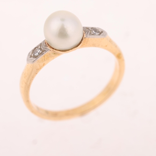 1139 - A 14ct gold whole pearl and diamond ring, set with 6.5mm pearl flanked by single-cut diamonds, size ... 