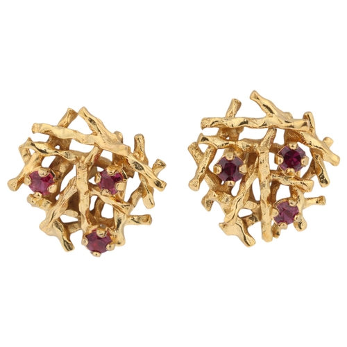 1141 - A pair of 9ct gold ruby 'Bird Nest' stud earrings, by Deakin & Francis, circa 1970s, naturalistic te... 