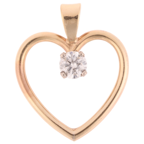 1146 - A 9ct gold 0.6ct single stone diamond heart pendant, claw set with modern round brilliant-cut diamon... 