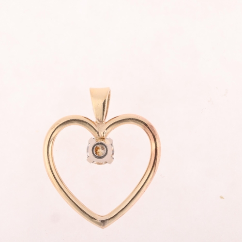 1146 - A 9ct gold 0.6ct single stone diamond heart pendant, claw set with modern round brilliant-cut diamon... 