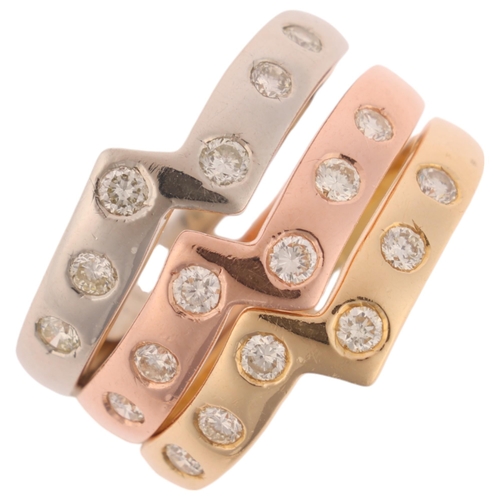 1147 - A set of 3 x 18ct three-colour gold diamond stacking ring, each set with graduated modern round bril... 