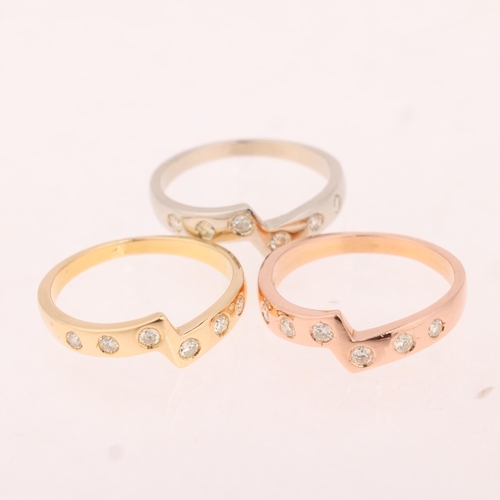 1147 - A set of 3 x 18ct three-colour gold diamond stacking ring, each set with graduated modern round bril... 