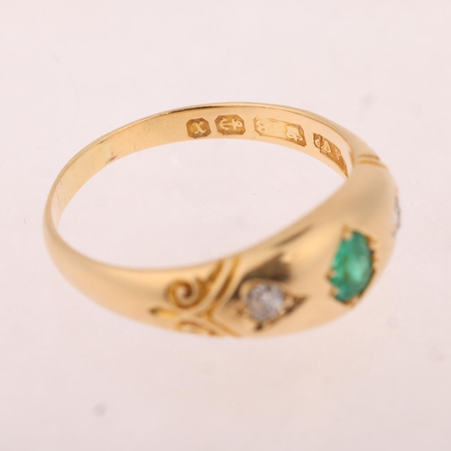 1158 - A 19th century 18ct gold three stone emerald and diamond ring, maker R & Co, Birmingham 1897, set wi... 