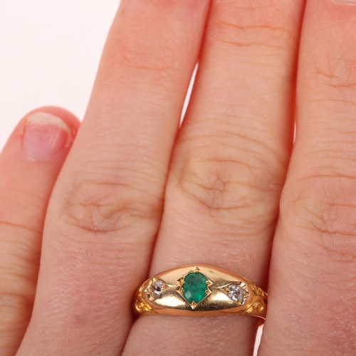 1158 - A 19th century 18ct gold three stone emerald and diamond ring, maker R & Co, Birmingham 1897, set wi... 