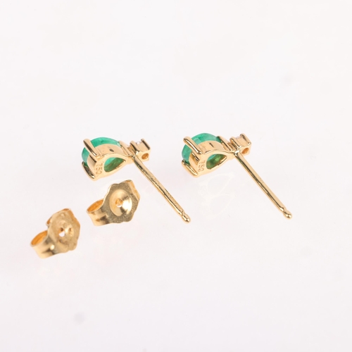 1159 - A pair of 18ct gold emerald and diamond stud earrings, claw set with pear-cut emeralds and modern ro... 