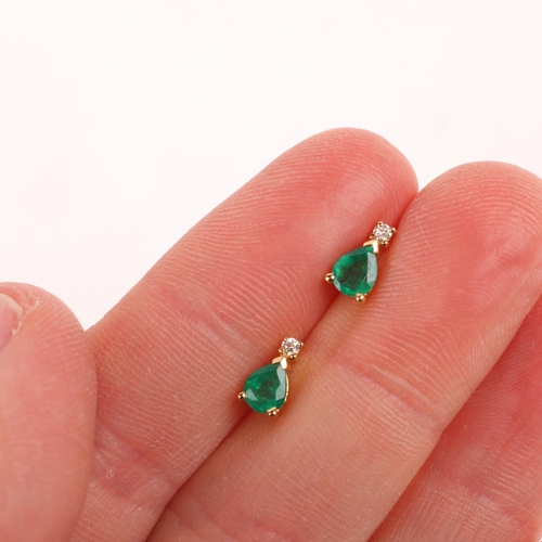 1159 - A pair of 18ct gold emerald and diamond stud earrings, claw set with pear-cut emeralds and modern ro... 