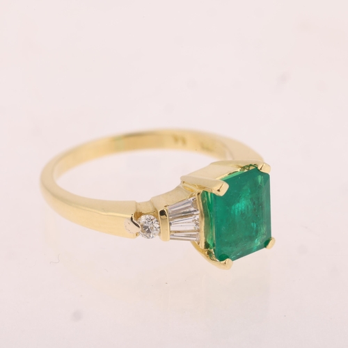 1161 - An 18ct gold emerald and diamond ring, claw set with 1.25ct octagonal step-cut emerald, flanked by t... 