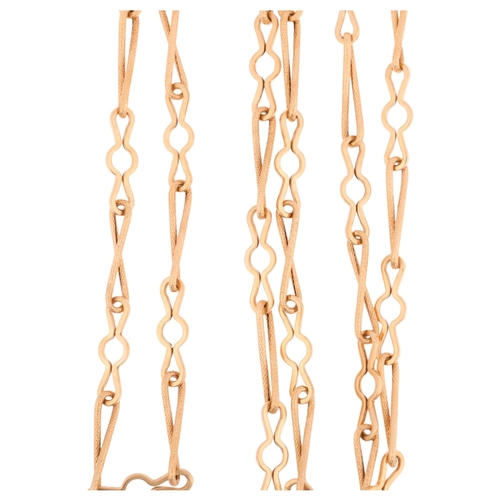 1164 - A Continental 18ct gold fancy link long chain necklace, textured and polished decoration, 100cm, 28.... 