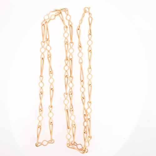 1164 - A Continental 18ct gold fancy link long chain necklace, textured and polished decoration, 100cm, 28.... 