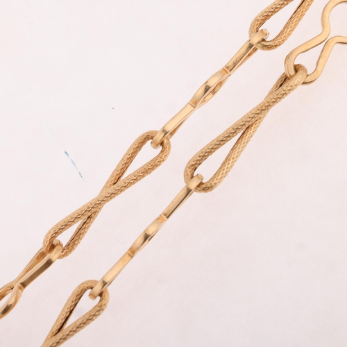 1164 - A Continental 18ct gold fancy link long chain necklace, textured and polished decoration, 100cm, 28.... 