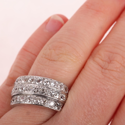 1179 - An Art Deco platinum diamond triple-row band ring, set with old-cut diamonds, total diamond content ... 