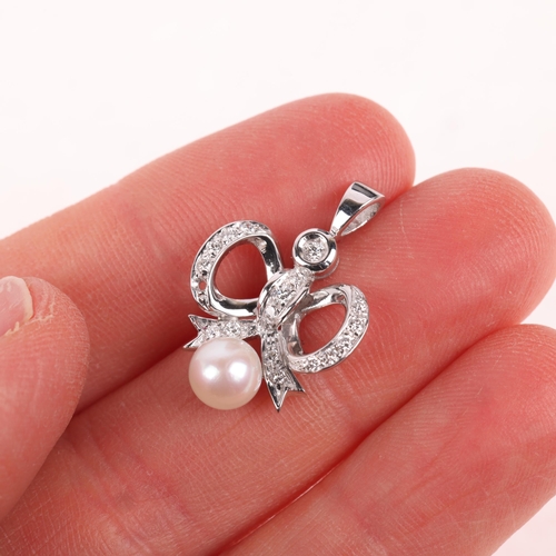 1188 - An 18ct white gold whole pearl and diamond ribbon bow pendant, set with modern round brilliant-cut d... 