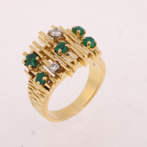 1191 - A Vintage 18ct gold emerald and diamond dress ring, maker LAB, London 1973, naturalistic textured ba... 