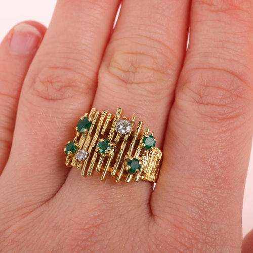 1191 - A Vintage 18ct gold emerald and diamond dress ring, maker LAB, London 1973, naturalistic textured ba... 