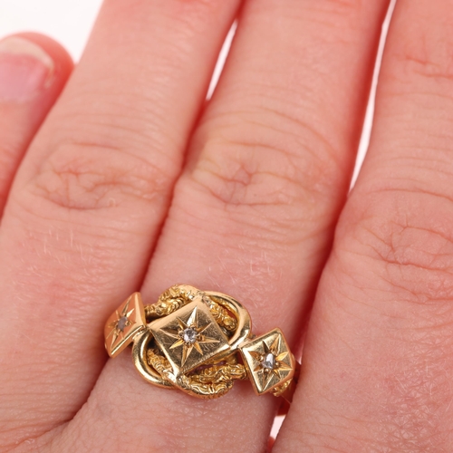 1197 - An Antique 18ct gold diamond knot keeper ring, maker JG, London 1917, set with old and rose-cut diam... 