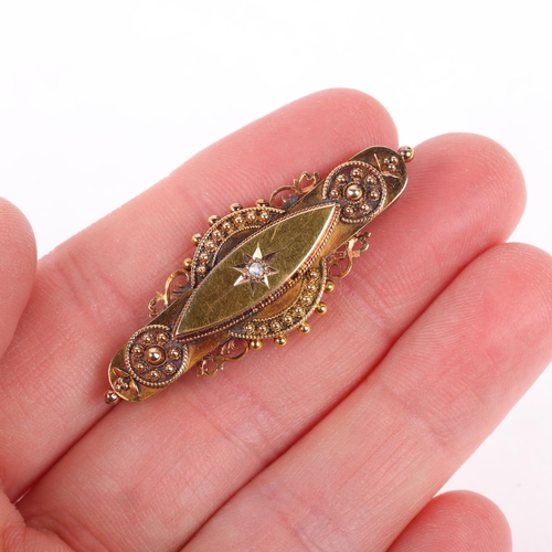 1198 - An Antique Victorian 15ct gold Etruscan Revival diamond brooch, maker M&V, Chester 1901, set with ol... 