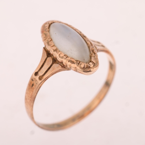 1199 - An Antique 9ct rose gold moonstone dress ring, set with marquise cabochon moonstone within chased sc... 