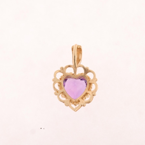 1220 - A 9ct gold amethyst heart pendant, set with heart-cut amethyst, unmarked mount tests as 9ct, 16.9mm,... 