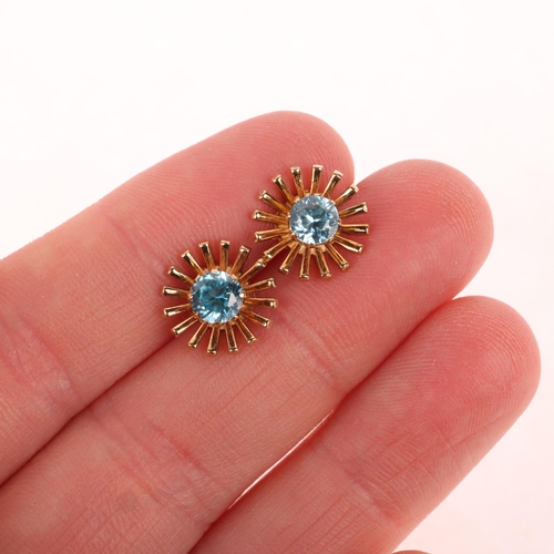 1238 - A pair of 9ct gold blue zircon flowerhead stud earrings, maker EFC, Birmingham 1967, 6.1mm, 2.7g