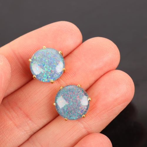 1240 - A pair of 20ct gold opal triplet stud earrings, unmarked mount tests as 20ct, 6.6mm, 4.6g