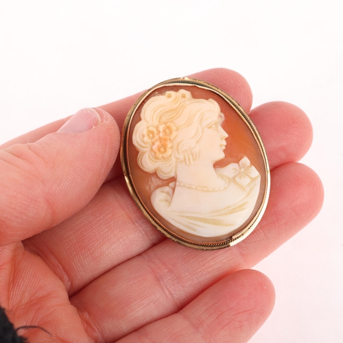 1250 - A Vintage 14ct gold shell cameo brooch/pendant, relief carved depicting female profile, 32.2mm, 6.3g