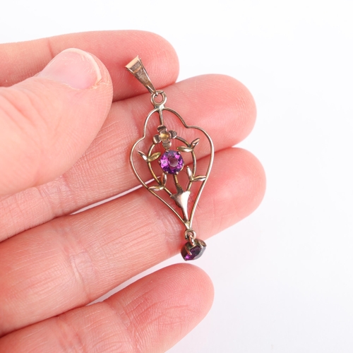 1251 - An Antique Edwardian 9ct rose gold amethyst openwork pendant, 41.5mm, 1g