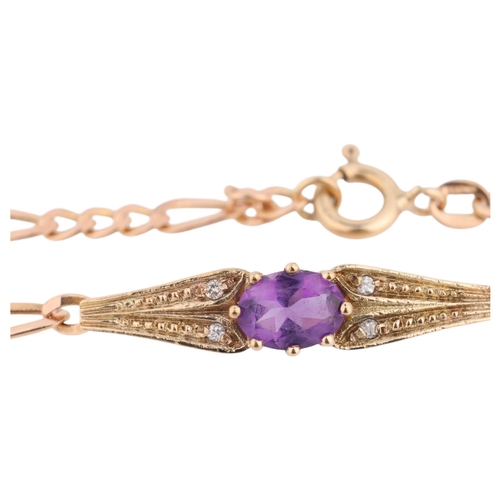 1252 - A 9ct gold amethyst and diamond bracelet, set with oval mixed-cut amethyst, modern round brilliant-c... 