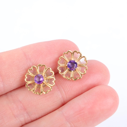 1253 - A pair of 9ct gold amethyst flowerhead stud earrings, unmarked mount tests as 9ct, 12.7mm, 1.4g