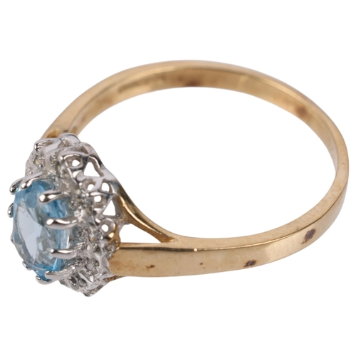 1265 - A 9ct gold blue topaz and diamond cluster ring, set with oval mixed-cut topaz and single-cut diamond... 