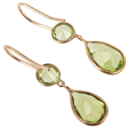 1267 - A pair of 9ct gold peridot drop earrings, set with pear and round-cut peridots, with shepherd hook f... 