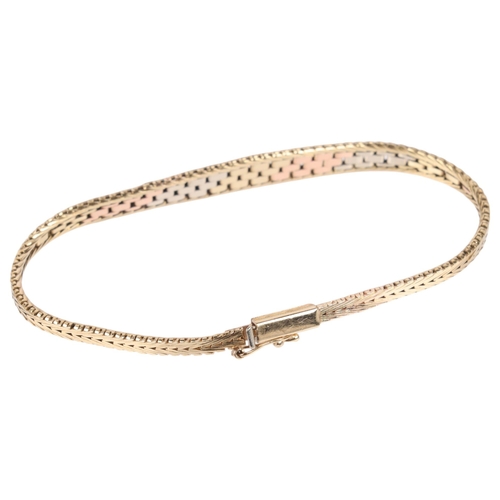 1273 - A 9ct three-colour gold gatelink bracelet, textured decoration, setting height 7.9mm, internal circu... 