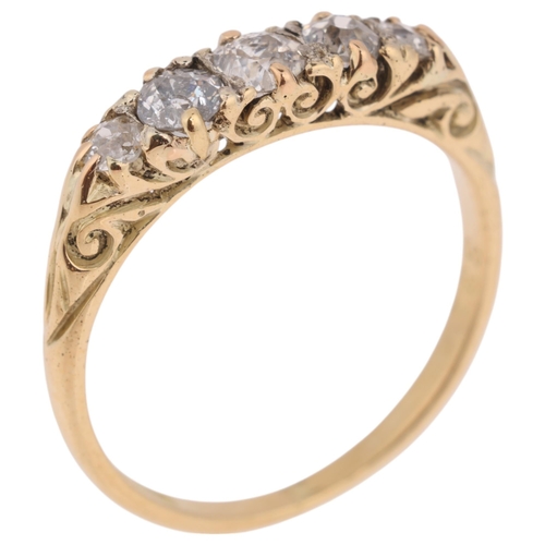 1280 - An Antique 18ct gold five stone diamond half hoop ring, set with old-cut diamonds, total diamond con... 