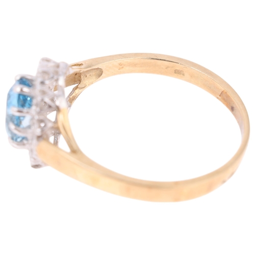 1283 - A 9ct gold blue topaz and diamond cluster ring, claw set with oval mixed-cut topaz and single-cut di... 