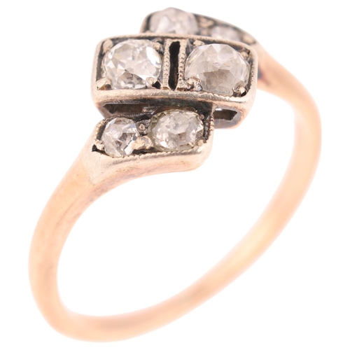 1285 - An Antique 9ct gold diamond crossover ring, circa 1910, set with old-cut diamonds, total diamond con... 