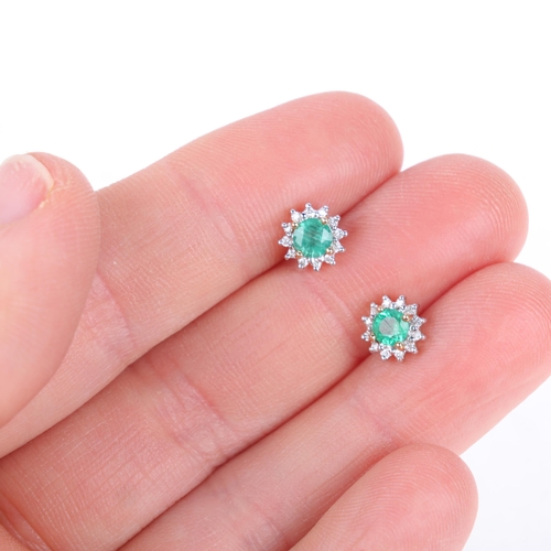 1288 - A pair of 9ct gold emerald and diamond cluster stud earrings, set with round-cut emeralds and modern... 