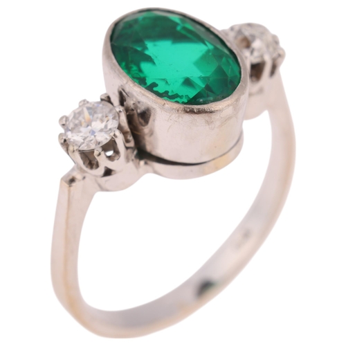 1292 - An 18ct white gold three stone green synthetic spinel soude-type doublet and diamond ring, rub-over ... 